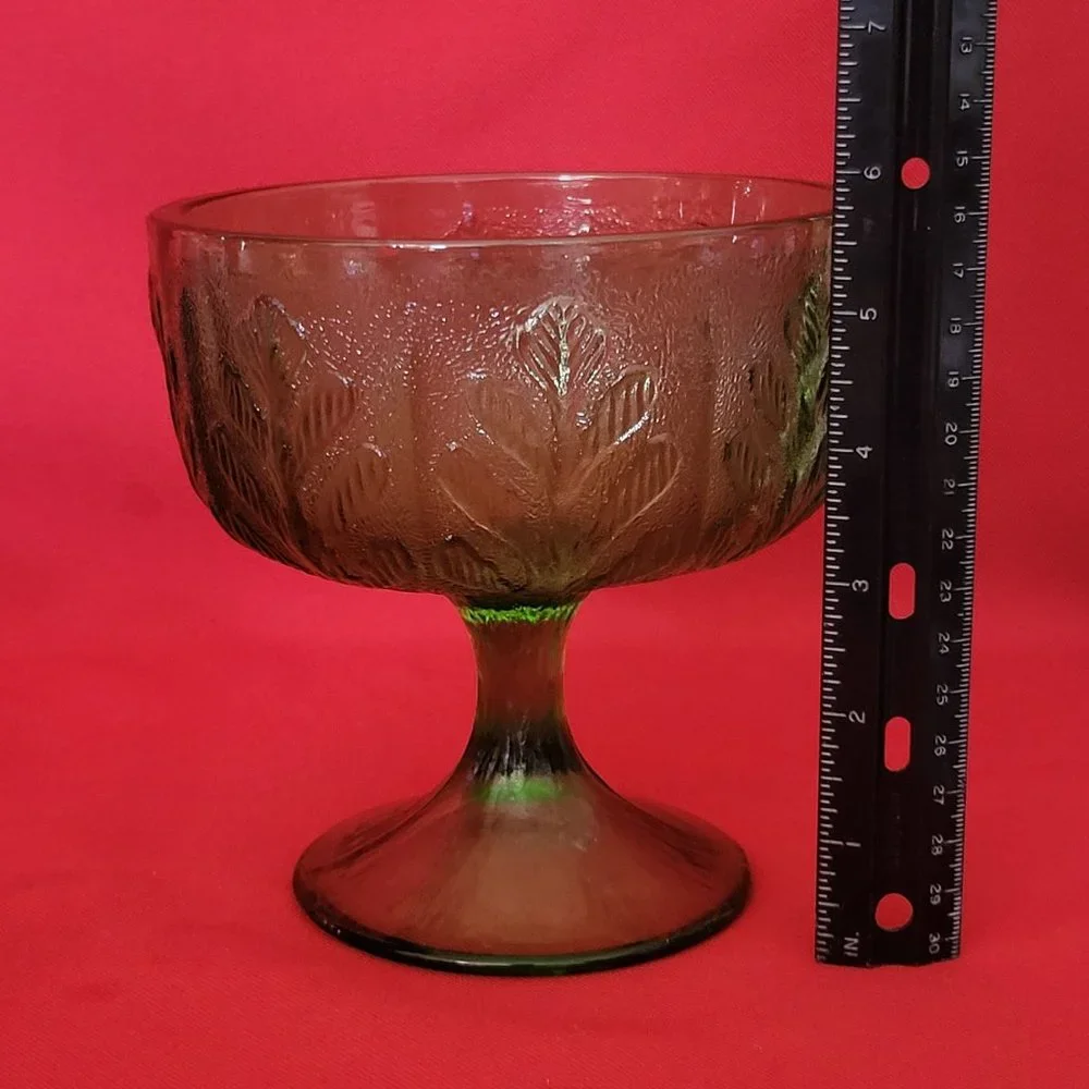 VTG FTD 1978 Green Glass Avocado Oak Leaf Pedestal Depression Bowl Dish
